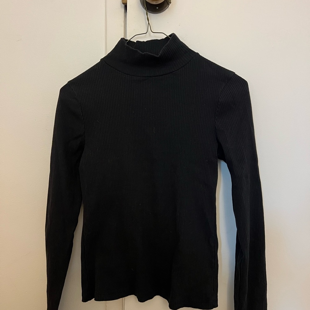 Anthropologie Black Ribbed Mock-Neck Long Sleeve Top